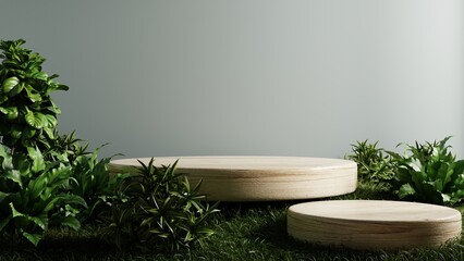 Wooden podium in tropical forest for product presentation.3d rendering - obrazy, fototapety, plakaty