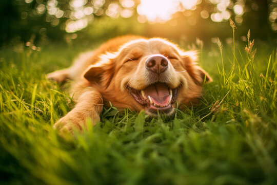 A dog rolling on its back in the grass, enjoying a belly rub and showing its relaxed and contented state.
