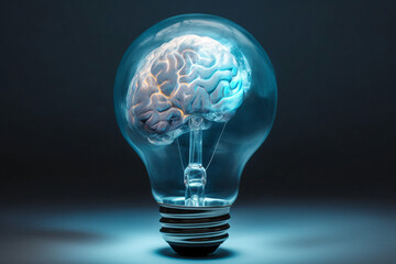 Human brain inside a light bulb on dark background, generative ai