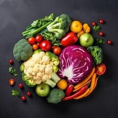 Fototapeta na wymiar healthy vegetarian food and food on a dark background fresh vegetables on white