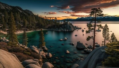 Lake Tahoe California Nevada USA sunset over the sea