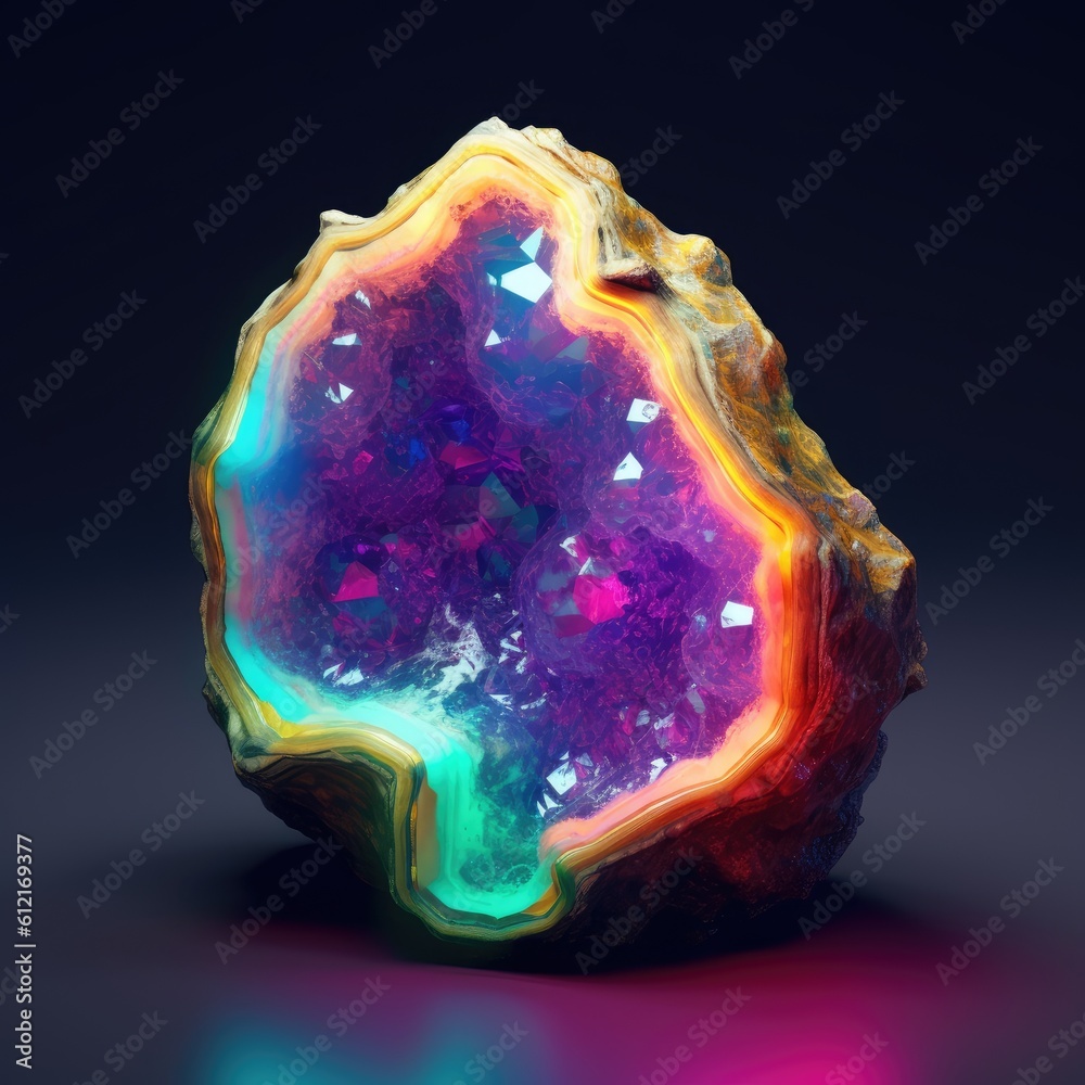 Poster neon glowing sulphuric 3d realistic crystals in a crack crystal on the background