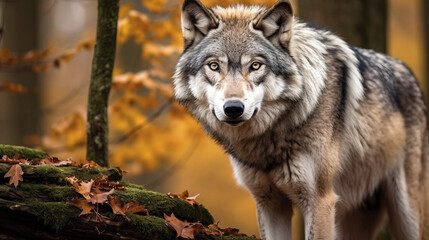 Naklejka na ściany i meble Portrait of a wolf in the autumn forest generative ai illustration