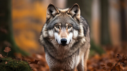 Portrait of a wolf in the autumn forest generative ai illustration