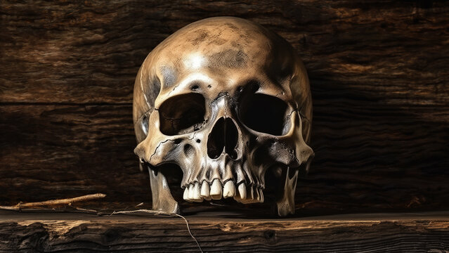 a spine-chilling still life portrays a human skull ominously positioned on a wooden plank. The dramatic dark lighting creates an ideal halloween backdrop