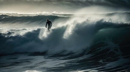 Surfer crossing a big wave surfing in the ocean
