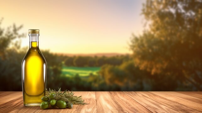 golden olive oil bottle on wooden table olive