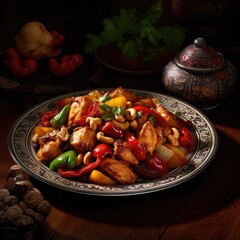 Chinese Kung Pao Chicken on a dark plate