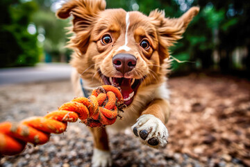 A dog playing tug-of-war with a rope toy, displaying its strength and interactive playfulness.