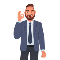 Smiling businessman showing ok sign with his hand. Successful confident bearded man in a jacket, trousers, shirt and tie.