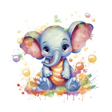 Baby elephant splashing in puddle, surrounded by colorful bubbles on white background, perfect for a nursery. Generative AI