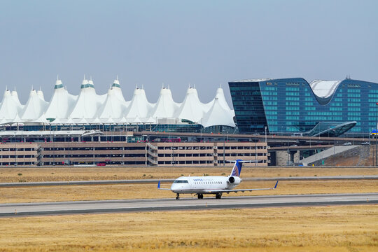 DENVER, USA-OCTOBER 17: Airplane operated by United Express taxis on October 17, 2020 at Denver International Airport, Colorado. United is the third largest airline in the world.