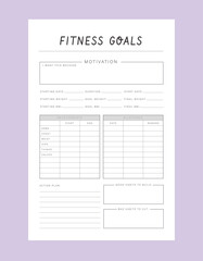Fitness Planner and Food Diary.  Business organizer page. Paper sheet. Realistic vector illustration.
