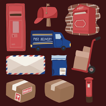 Set Of Postal Worker And Service Cute Hand Drawn Illustration