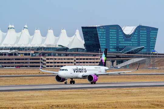 DENVER, USA-OCTOBER 17: Airbus A320 operated by Volaris taxis on October 17, 2020 at Denver International Airport, Colorado. Volaris is a low-cost airline based in Mexico City.