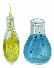 Magic potions bottles with blue and green liquid. Halloween decor. Watercolor hand drawn illustration isolated on white background. Template for cards, logo, scrapbook, paper, wrapping.