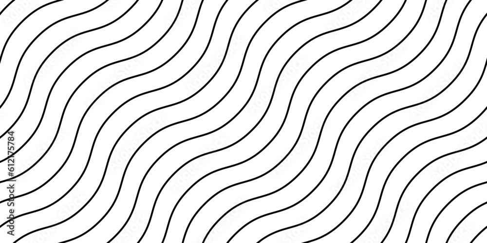 Poster Wavy lines seamless pattern. Undulate stripes repeating background. Black and white diagonal waves texture. Bent and curved linear wallpaper. Textile and guilloche swatch design template. Vector