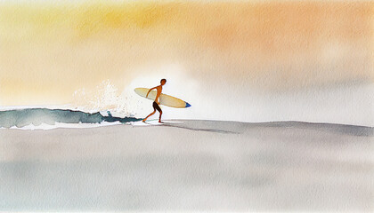 watercolor, surfer on the beach