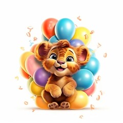 Cheerful and playful baby lion cub surrounded by colorful balloons, cartoon on white background. Generative AI