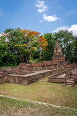 Fototapeta na wymiar Wat Pu Pia Temple is one of the ruined temples and stupa in Wiang Kum Kam a historic settlement archaeological site in Chiang Mai, Northern Thailand.