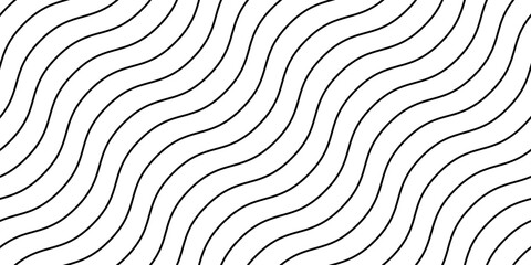 Wavy lines seamless pattern. Undulate stripes repeating background. Black and white diagonal waves texture. Bent and curved linear wallpaper. Textile and guilloche swatch design template. Vector