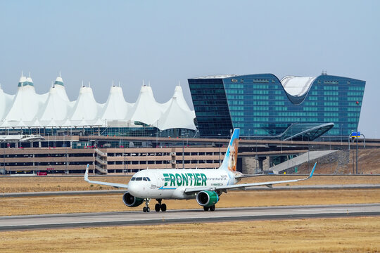 DENVER, USA-OCTOBER 17: Airbus A320 Sammy the Squirrel operated by Frontier taxis on October 17, 2020 at Denver International Airport, Colorado. Frontier is an American ultra low-cost carrier