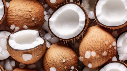 Many fresh coconut background adorned with some droplets of water for food magazine photography generative ai