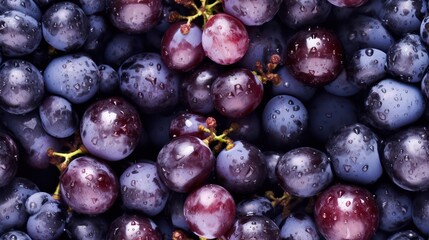 Many fresh purple grape background adorned with some droplets of water for food magazine photography generative ai - obrazy, fototapety, plakaty