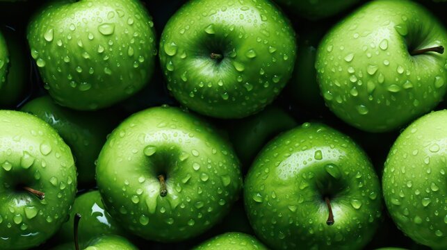 Many fresh green apple background adorned with some droplets of water for food magazine photography generative ai