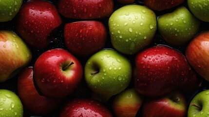 Many fresh red and green apple background adorned with some droplets of water for food magazine photography  generative ai