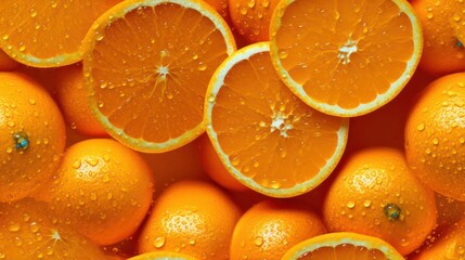 Many fresh orange background adorned with some droplets of water for food magazine photography generative ai