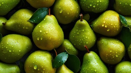 Many fresh pear background adorned with some droplets of water for food magazine photography generative ai