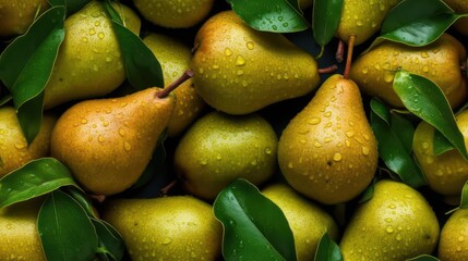 Many fresh pear background adorned with some droplets of water for food magazine photography generative ai - obrazy, fototapety, plakaty