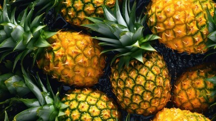 Many fresh pineapple background adorned with some droplets of water for food magazine photography generative ai