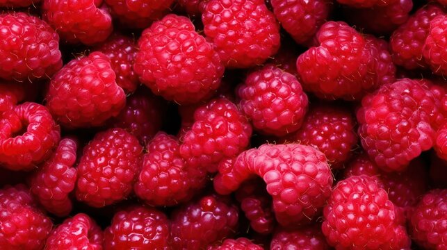 Many fresh raspberry background adorned with some droplets of water for food magazine photography generative ai