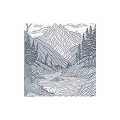 landscape Coloring book black and white Mountains and Rever. 
