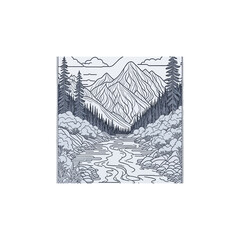 landscape Coloring book black and white Mountains and Rever. 
