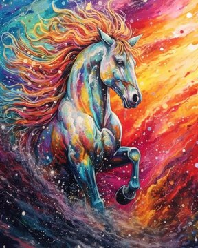 art horse in space . dreamlike background with horse . Hand Drawn Style illustration
