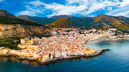 Aerial view of Cefalu, on the Tyrrhenian coast of Sicily, Italy