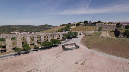 Amoreira Aqueduct, old water supply system. Aerial circling. Elvas, Portugal