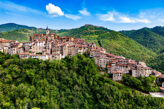 View of Apricale in the Province of Imperia, Liguria, Italy
