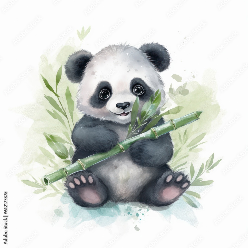 Wall mural watercolor illustration of playful baby panda holding a bamboo shoot. generative ai