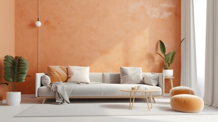 Living room in apricot crush color of the year 2024 white accents created with AI