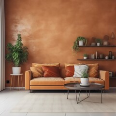 Living room in apricot crush color of the year 2024 grey accents created with AI