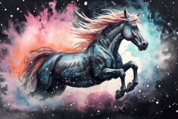 Obraz na płótnie Canvas art horse in space . dreamlike background with horse . Hand Drawn Style illustration