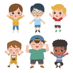 Happy children with different positive emotions. Children jumping and waving their hands in greeting.
