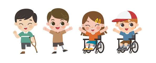 Disability children. Happy children with disabilities set. Kids sitting in wheelchairs and waving their hands in greeting. Handicapped children.