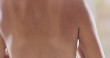 Back of happy woman untying bikini string, summer fashion and smile, lady with holiday swimsuit. Fun, beauty and sexy model tying swimming costume bra, girl in underwear getting ready on vacation.