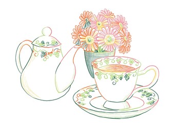 カラフルな線画のティーポット・ティーカップ・ソーサーと花瓶に生けたガーベラ
