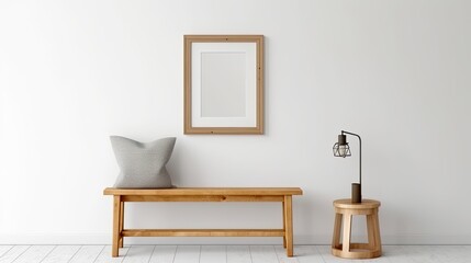 Mockup of a small, vertically oriented wooden picture frame with a mount, hanging on a white wall next to a comfortable wooden bench. simple style, blank white on thin wood frame with Generative AI